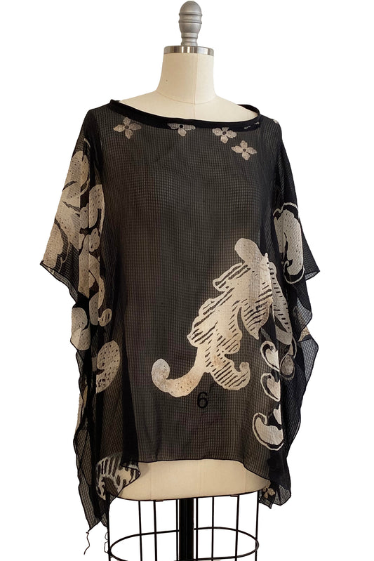 Seersucker Silk Square Top w/ Scroll Print - Black & Natural