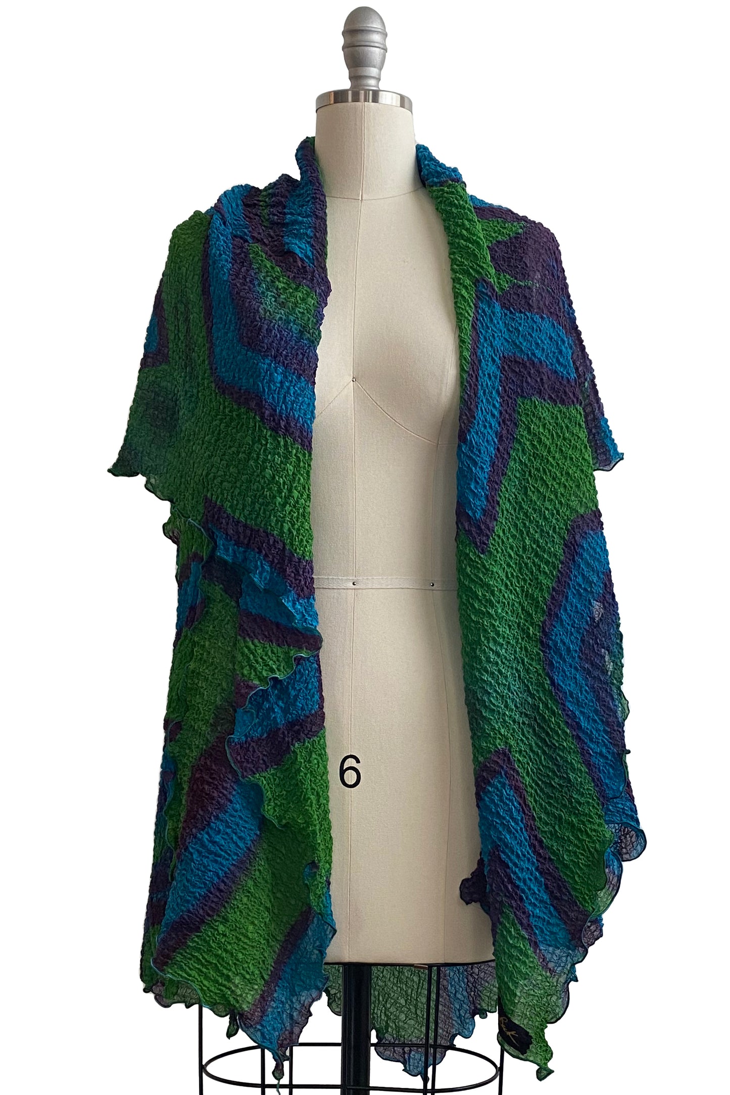 Asymmetrical Wrap Vest - Waffle Silk w/ Shibori Itajime Dye - Green Purple Blue