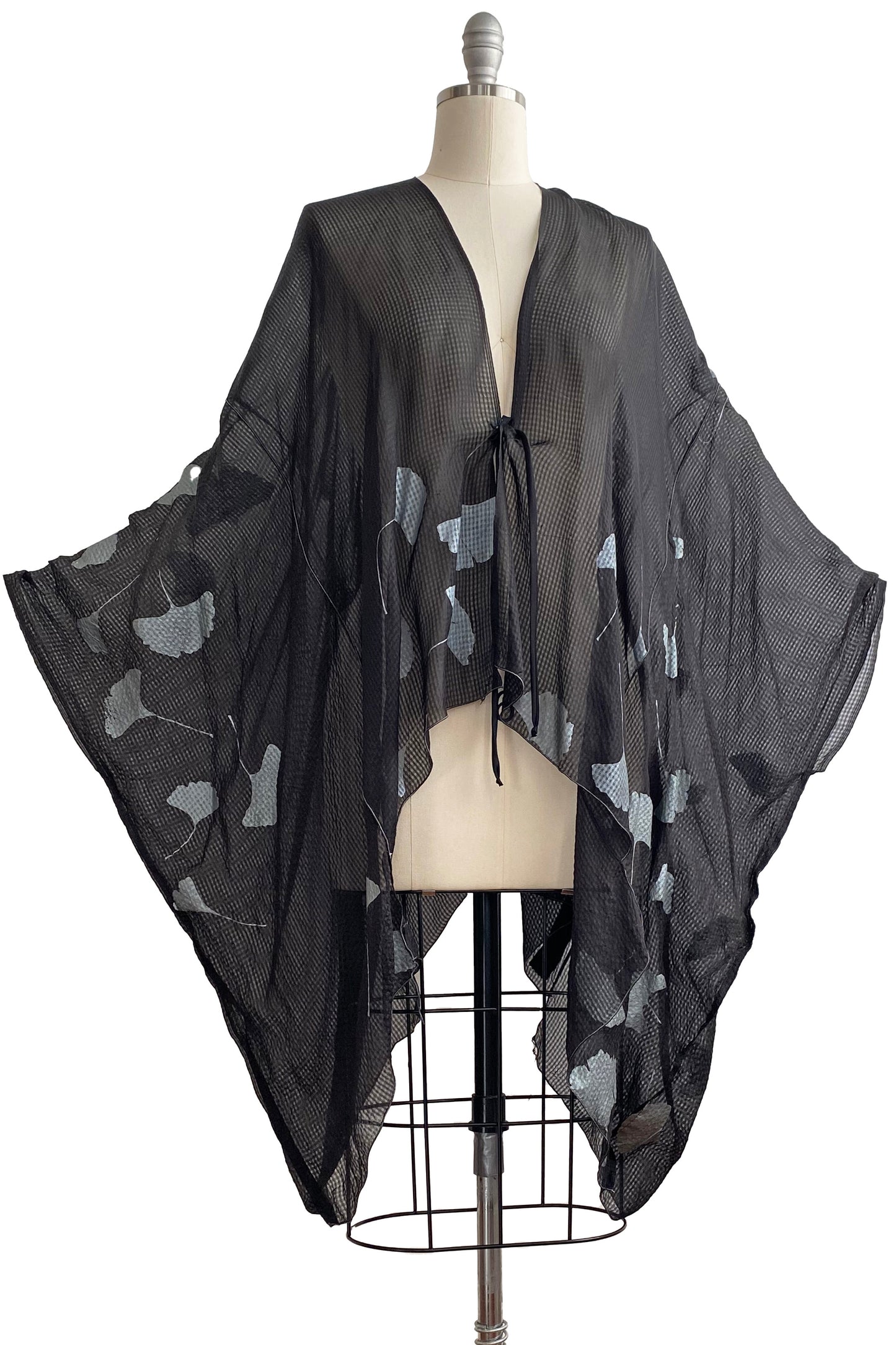 Seersucker Silk Drape w/ Ginkgo Print - Black & Silver Print