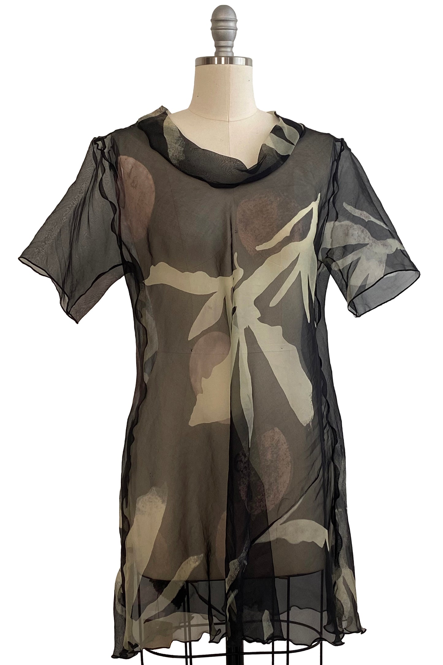 Fiona #5 Bias Tunic in Silk Organza w/ Azalea Print - Black & Natural