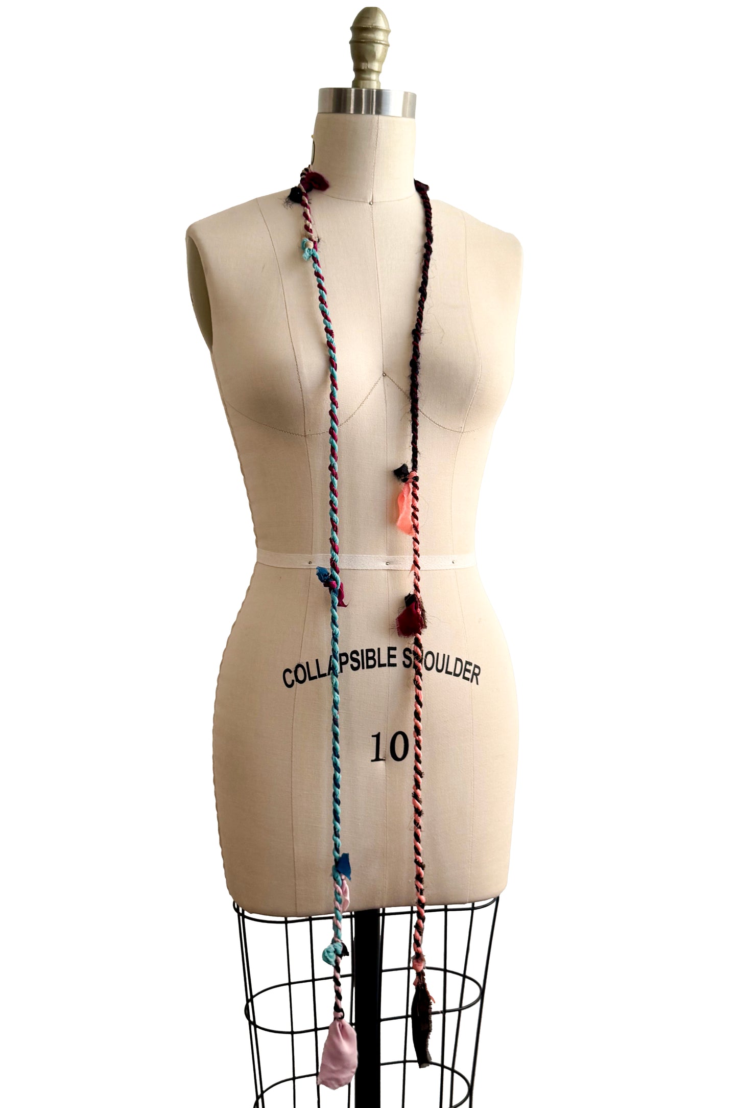 Hand Twisted Silk Rope Lariat Tie Necklace | Maroon, Peach, Light Blue