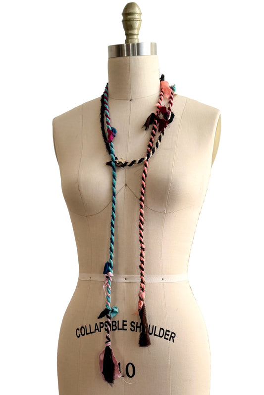 Hand Twisted Silk Rope Lariat Tie Necklace | Maroon, Peach, Light Blue