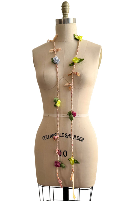 Hand Twisted Silk Rope Lariat with Flowers - Peach, Pink, Purple