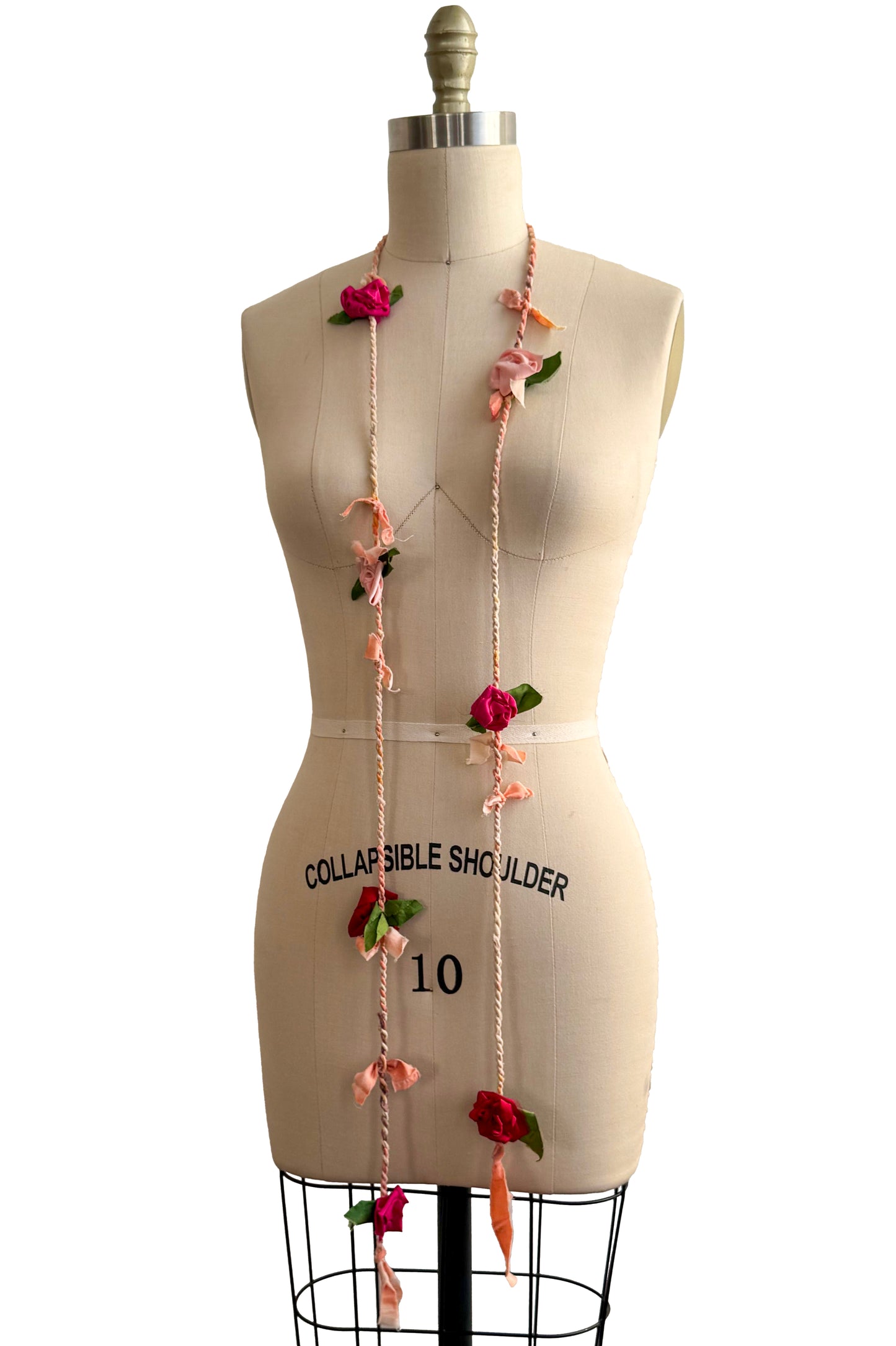 Hand Twisted Silk Rope Lariat with Flowers - Peach, Pink, Red