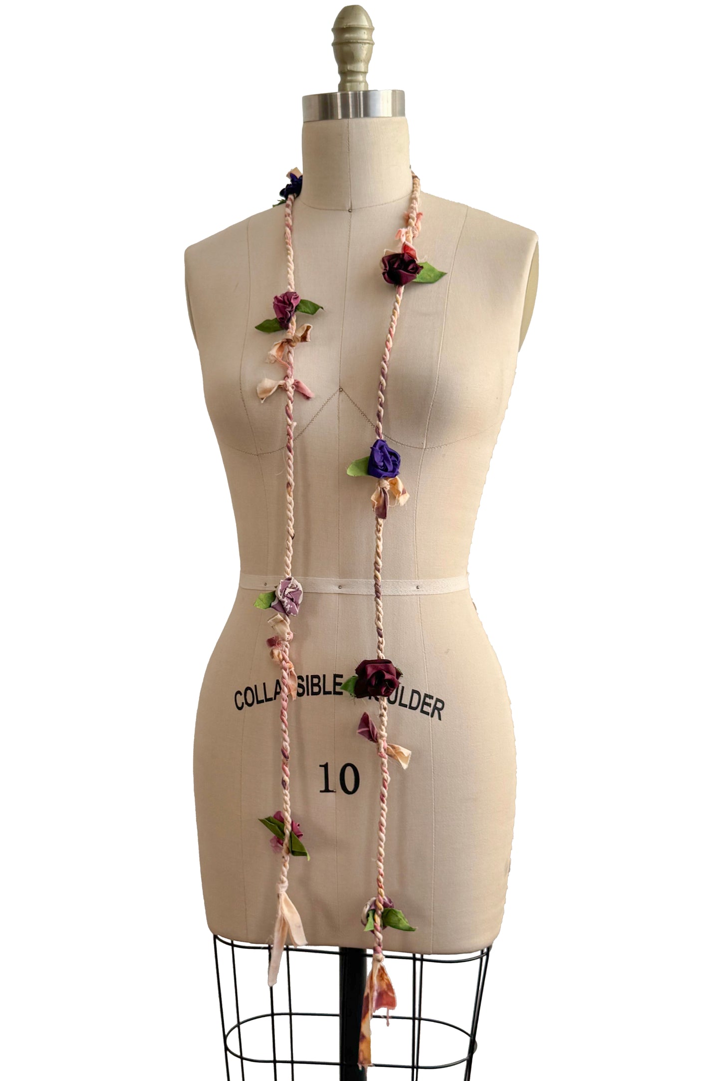 Hand Twisted Silk Rope Lariat with Flowers - Peach, Purple, Maroon