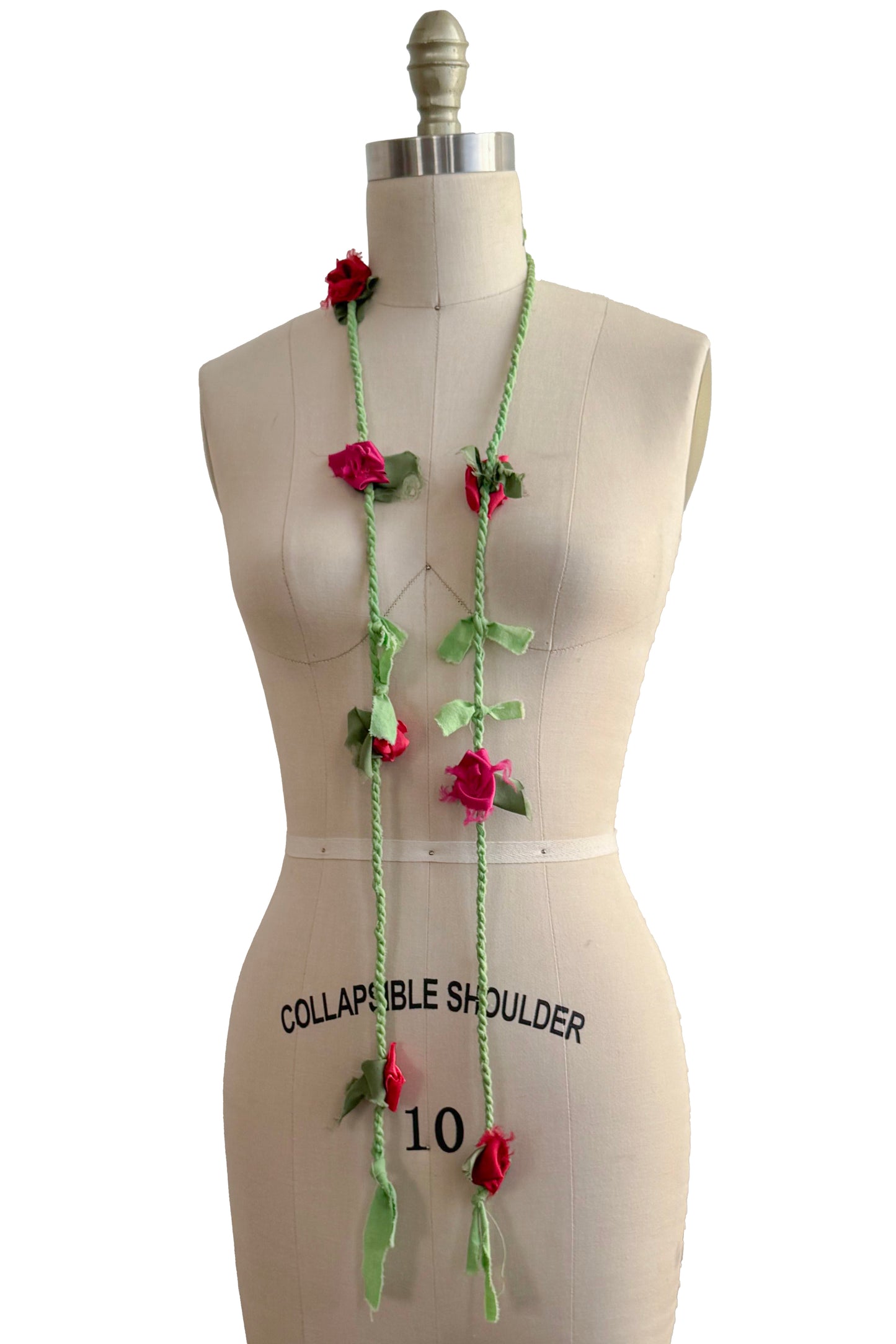 Hand Twisted Green Rope Lariat - Silk Flowers - Pink & Red