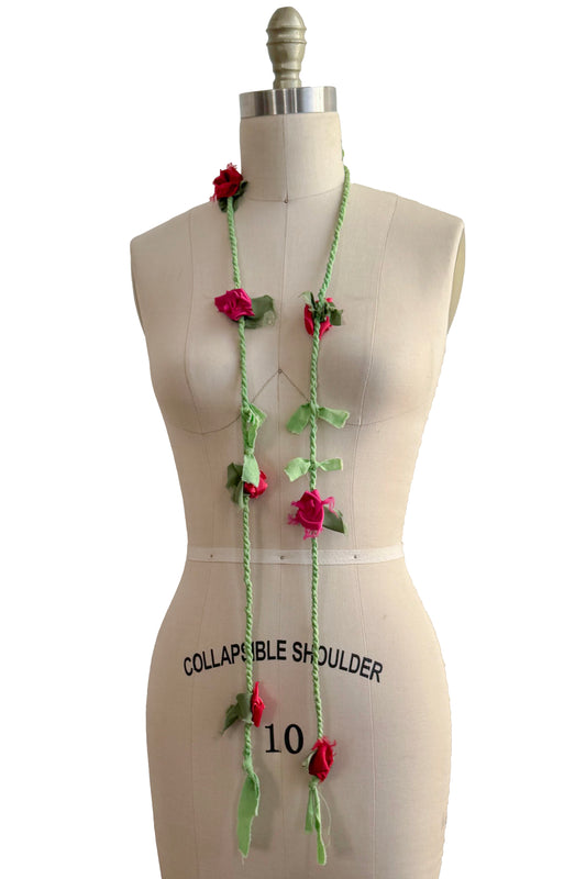 Hand Twisted Green Rope Lariat - Silk Flowers - Pink & Red