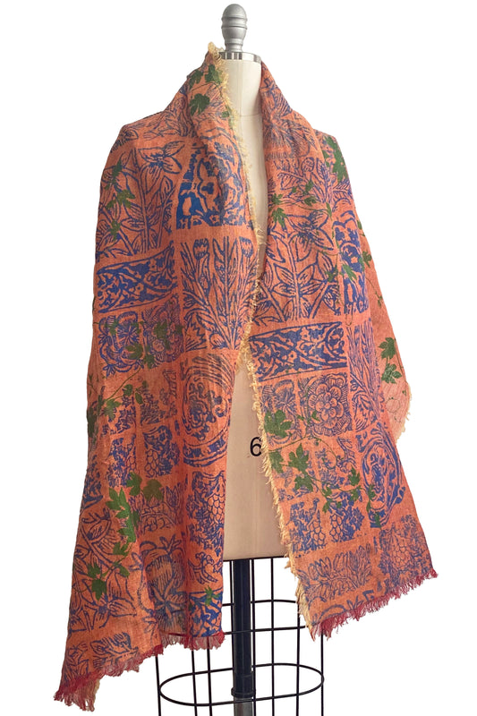 Open Weave Linen Shawl Wrap w/ Tile Print - Orange