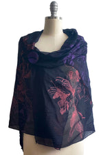 Load image into Gallery viewer, Shawl in Seersucker Silk w/  - Cotton Print - Black, Coral, Purple
