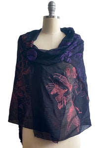 Shawl in Seersucker Silk w/  - Cotton Print - Black, Coral, Purple