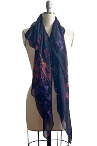 Shawl in Seersucker Silk w/  - Cotton Print - Black, Coral, Purple