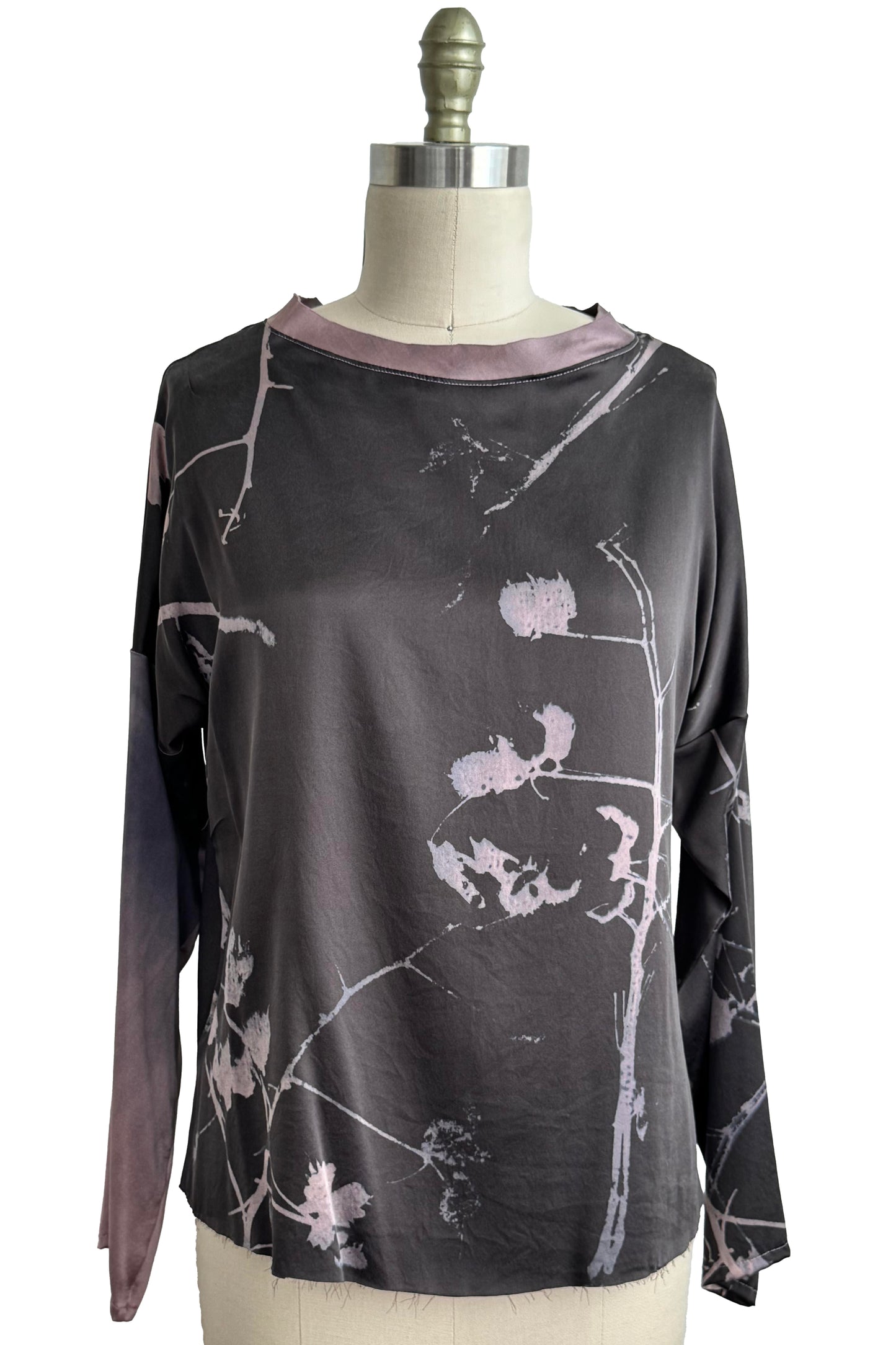 Portia Top Long Sleeve Silk Charmeuse | Cotton Print | Grey & Black