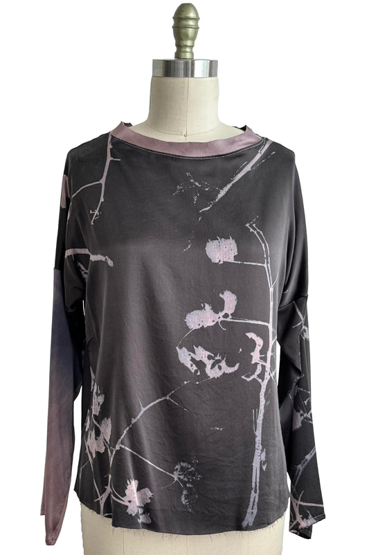 Portia Top Long Sleeve Silk Charmeuse | Cotton Print | Grey & Black