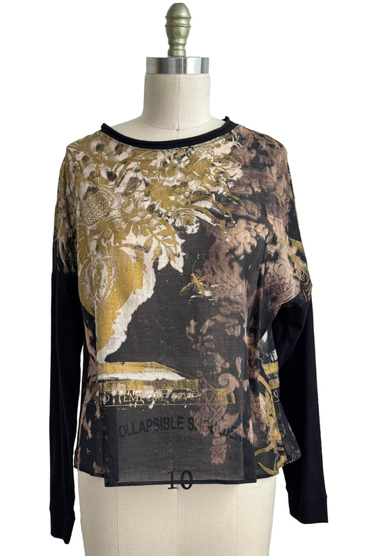Portia Top | Silk Shantung  & Organic Cotton Jersey | Bouquet Print | Black & Gold | Medium
