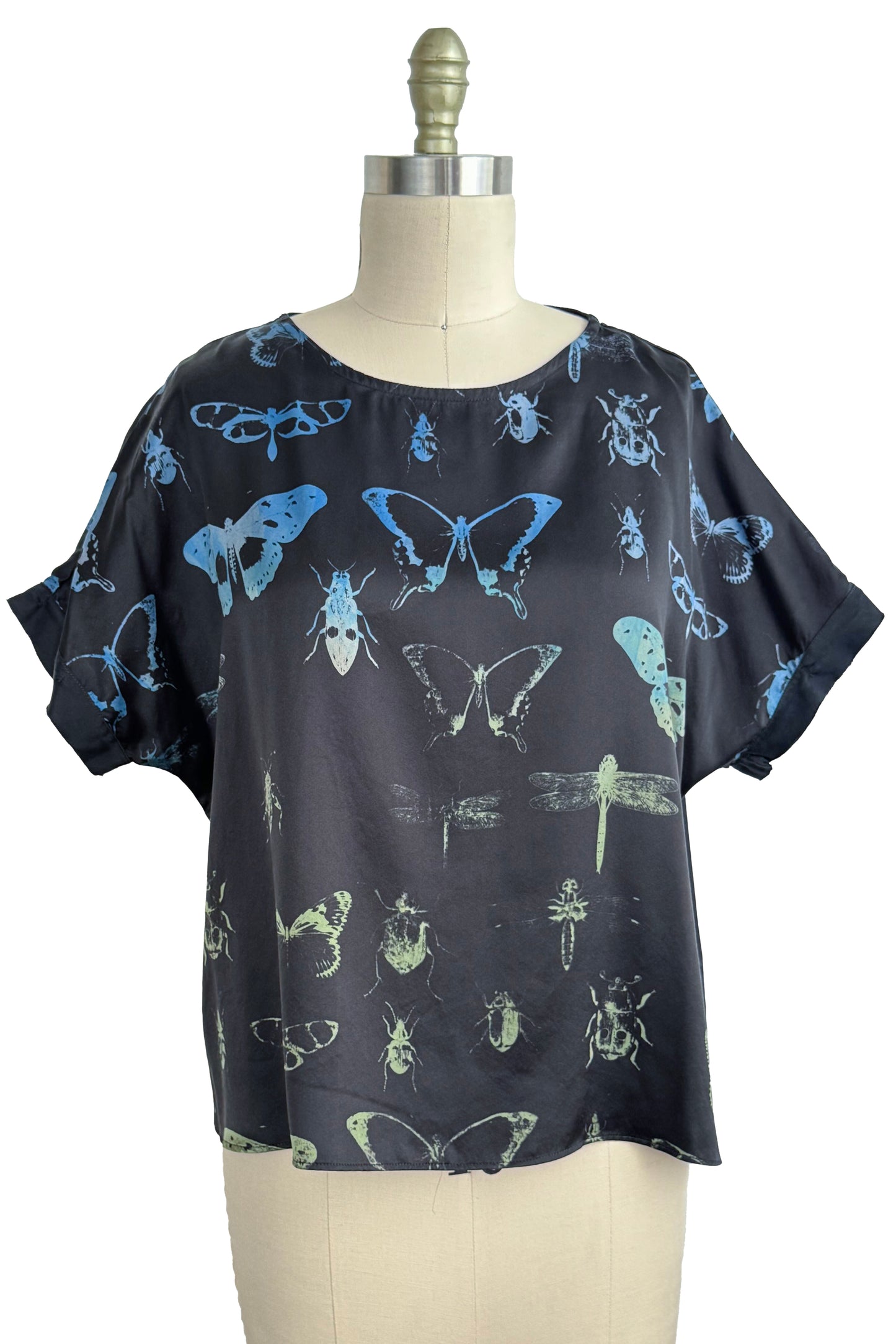 Jen Top | Silk Charmeuse | Bug Print | Black, Blue & Green | Medium