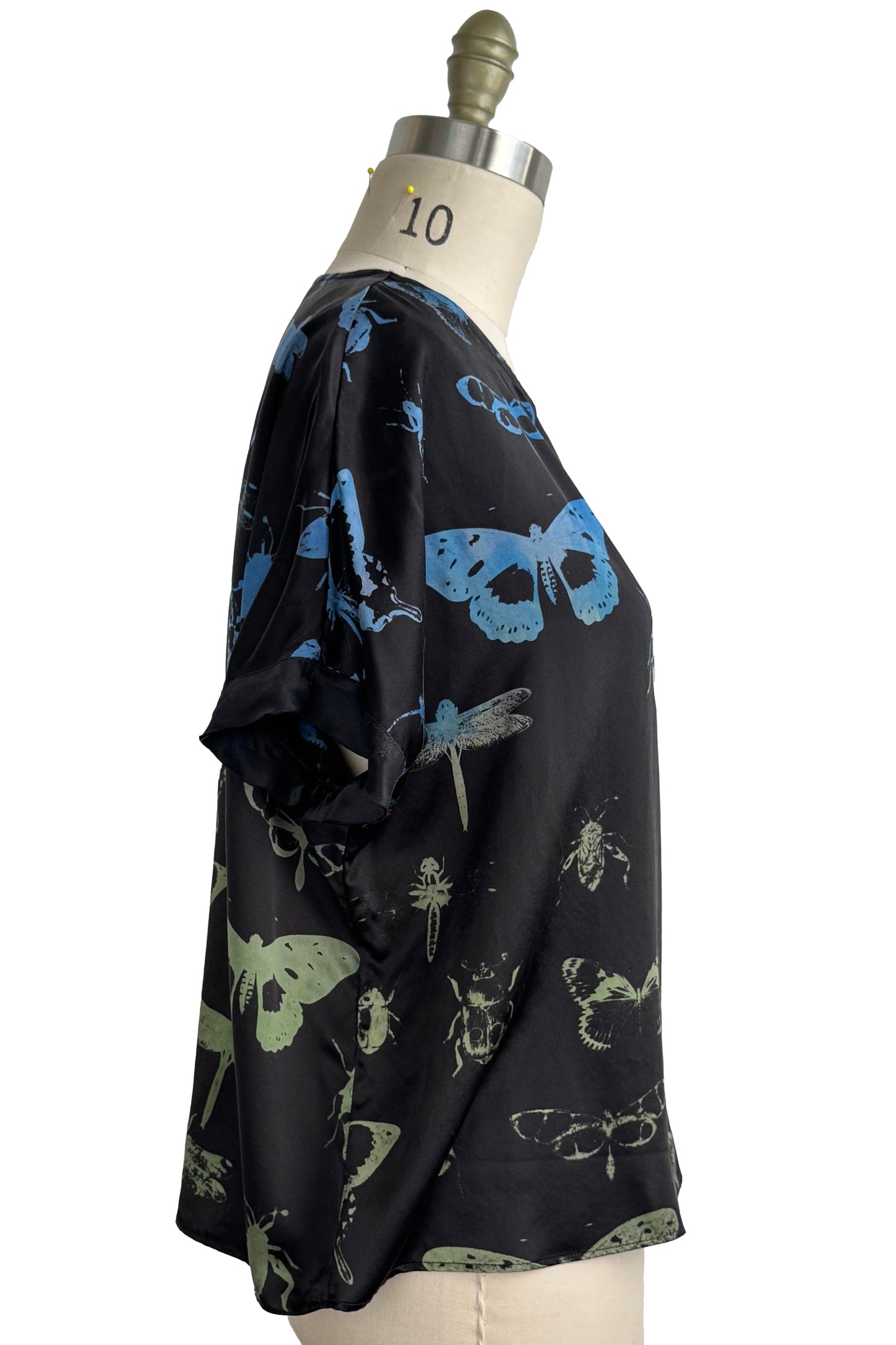 Jen Top | Silk Charmeuse | Bug Print | Black, Blue & Green | Medium