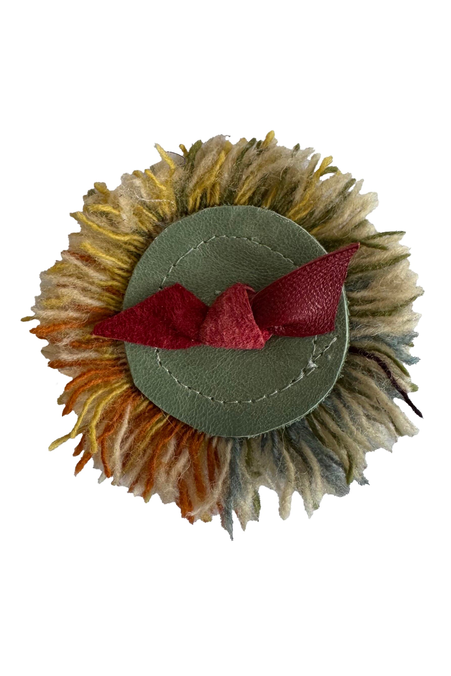 Leather & Wool Flower Magnetic Brooch -  Green, Gold & Red Fringe