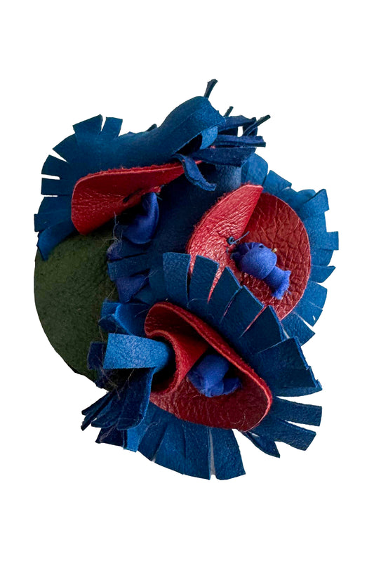 Leather Flower Magnetic Brooch -  Blue & Red Fringe