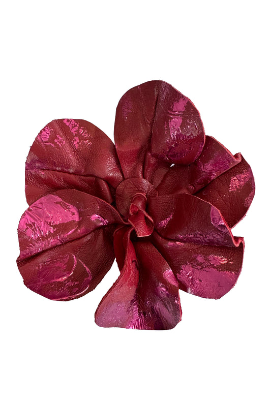 Leather Flower Magnetic Brooch - Red Camellia Pink Foil Accent