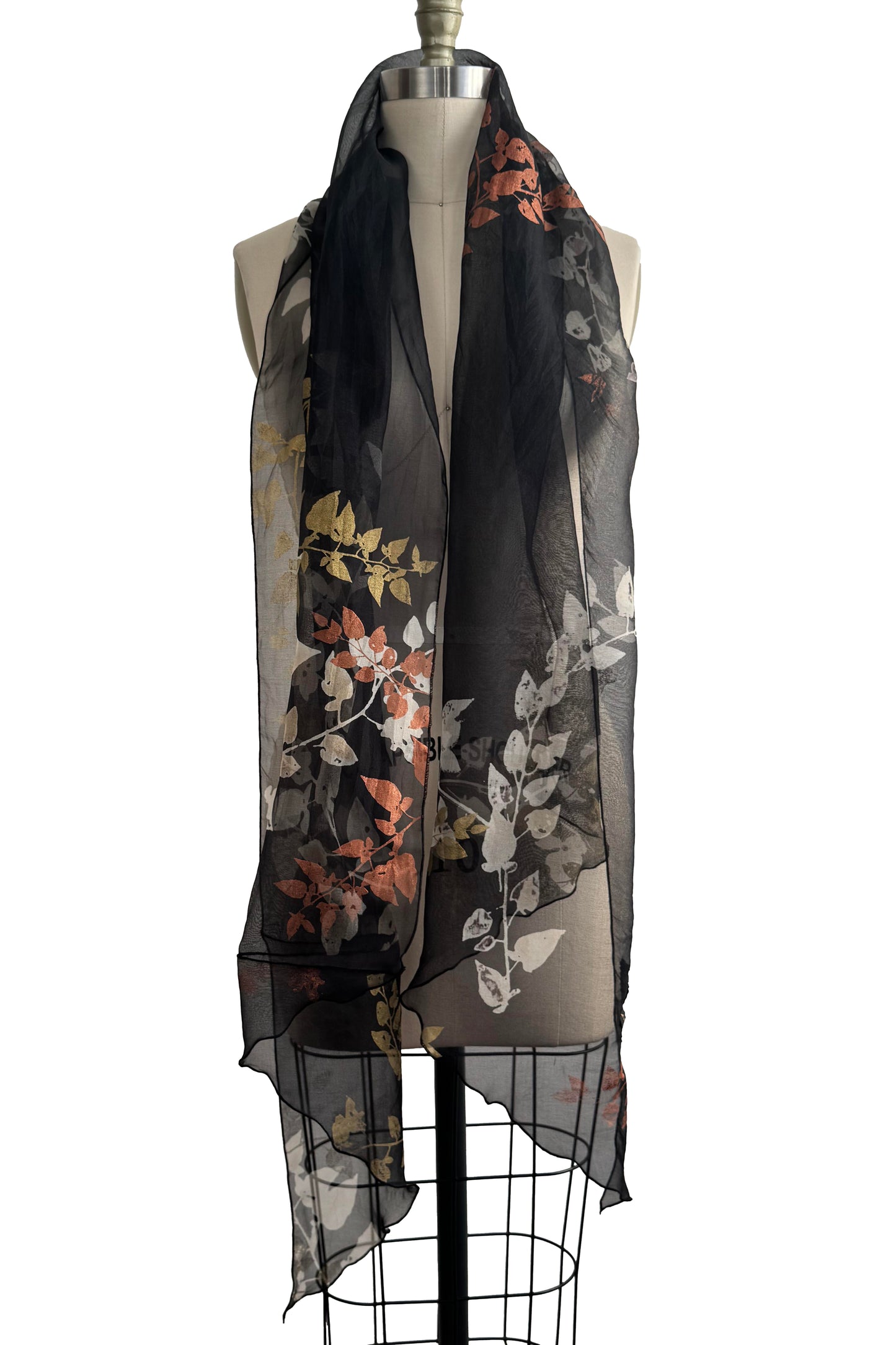Silk Organza Shawl – Vine Print | Metallic & Black