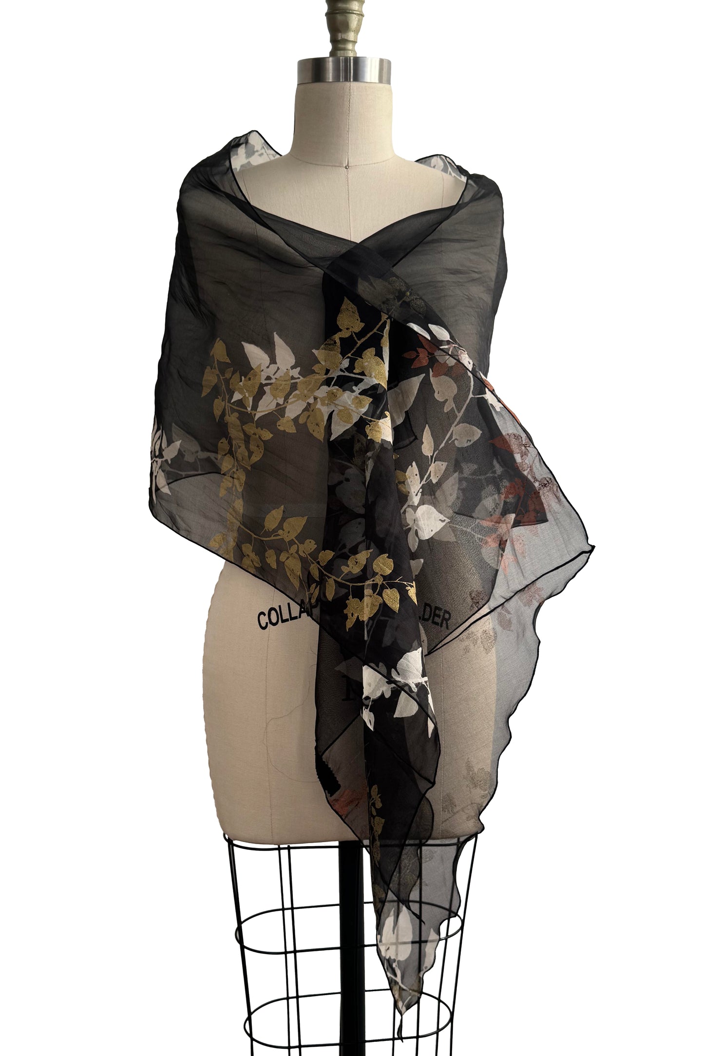 Silk Organza Shawl – Vine Print | Metallic & Black
