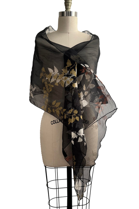 Silk Organza Shawl – Vine Print | Metallic & Black