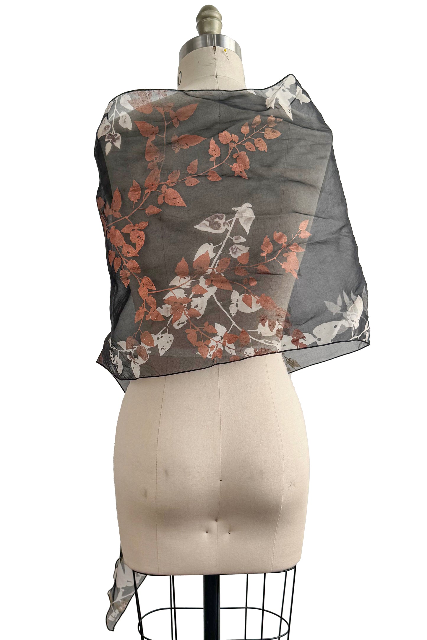 Silk Organza Shawl – Vine Print | Metallic & Black