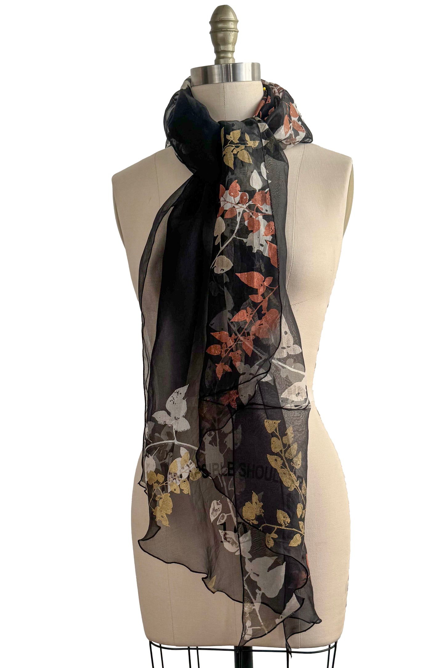 Silk Organza Shawl – Vine Print | Metallic & Black