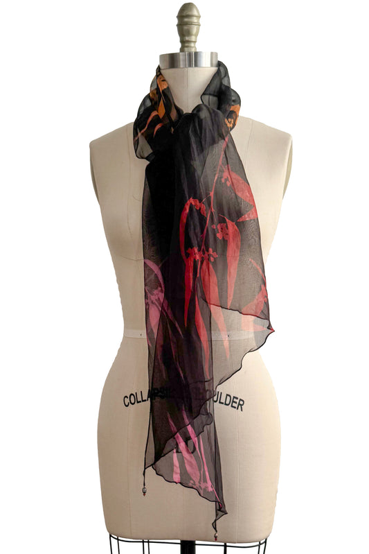 Silk Organza Scarf - Eucalyptus Print | Black, Pink & Red