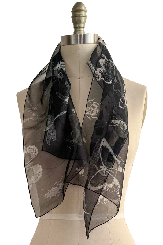 Silk Organza Scarf - Bug Print | Black & Natural