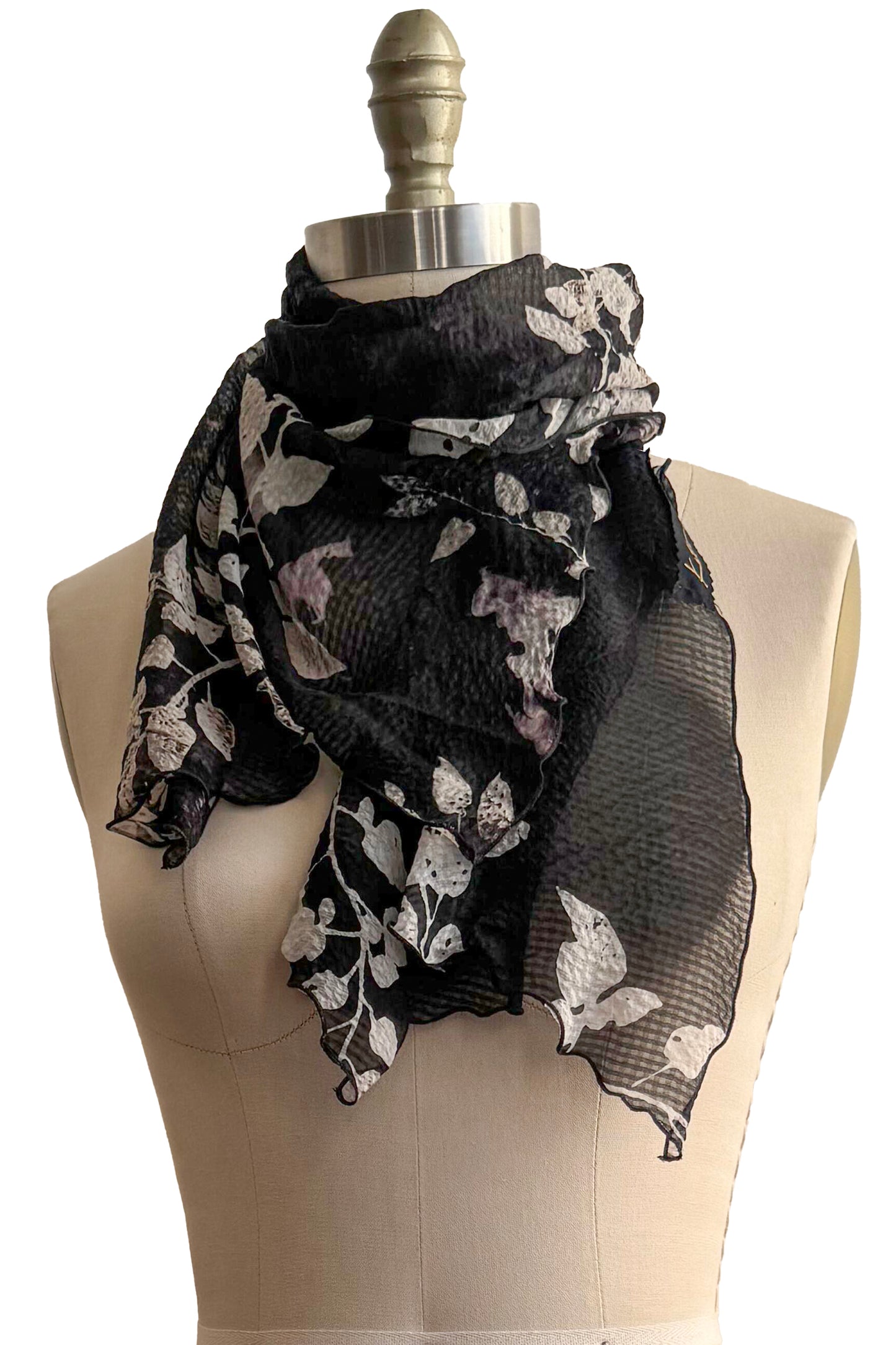 Seersucker Silk Scarf - Vine Print | Black & Natural