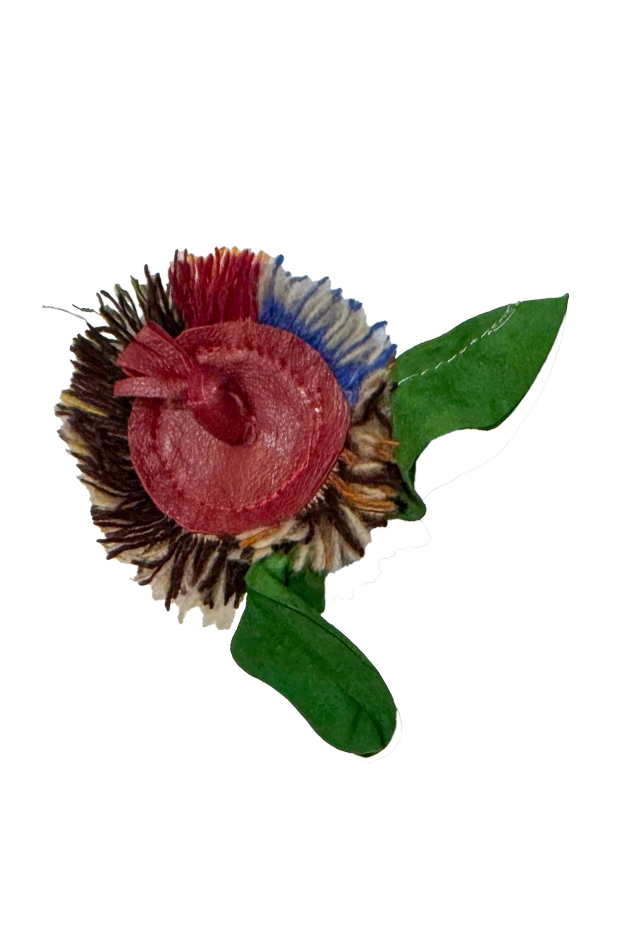 Leather & Wool Flower Magnetic Brooch -  Red Multi Fringe