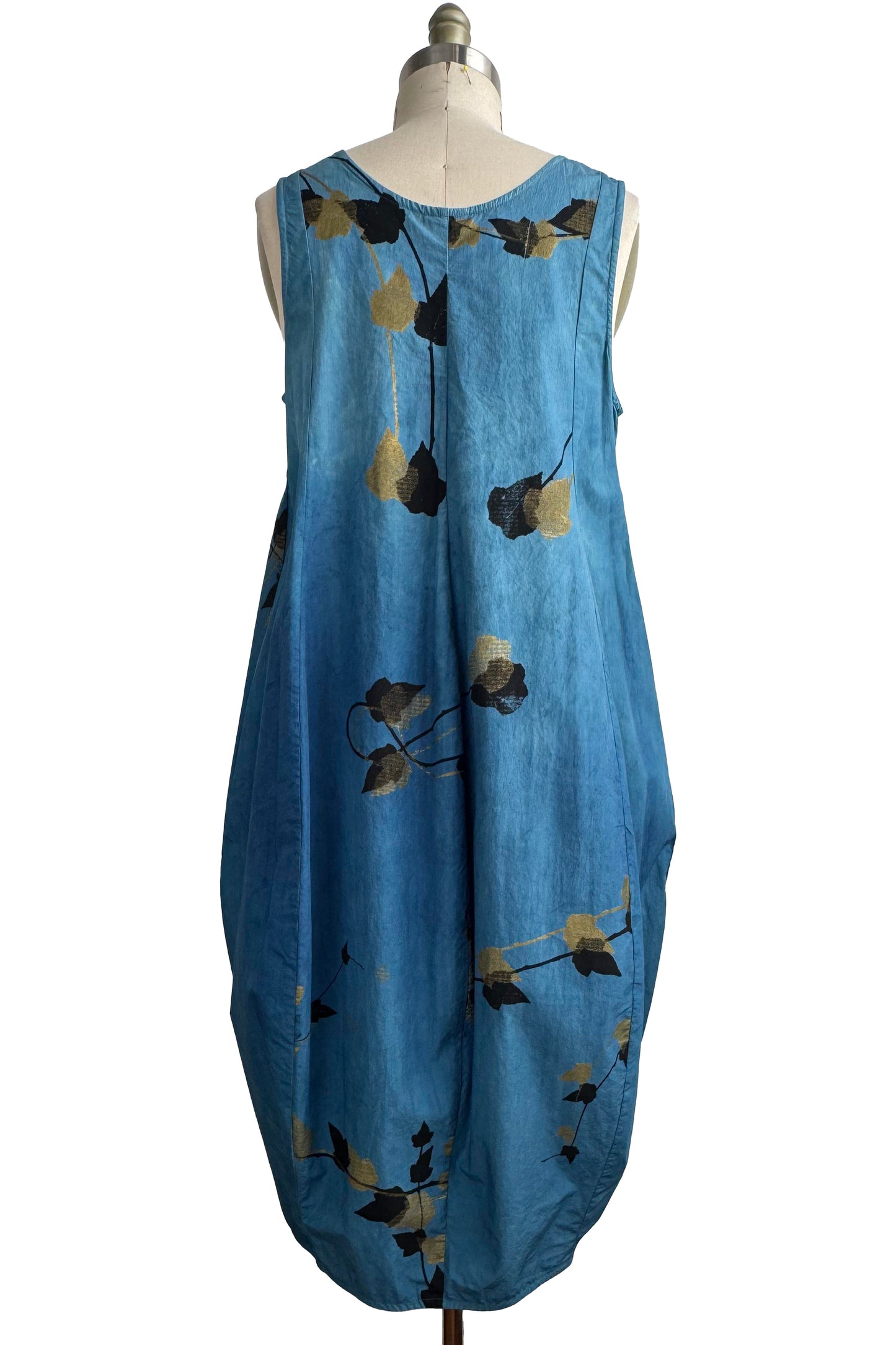 Plum Dress in Cotton - Vine Print - Indigo, Black & Gold - Medium