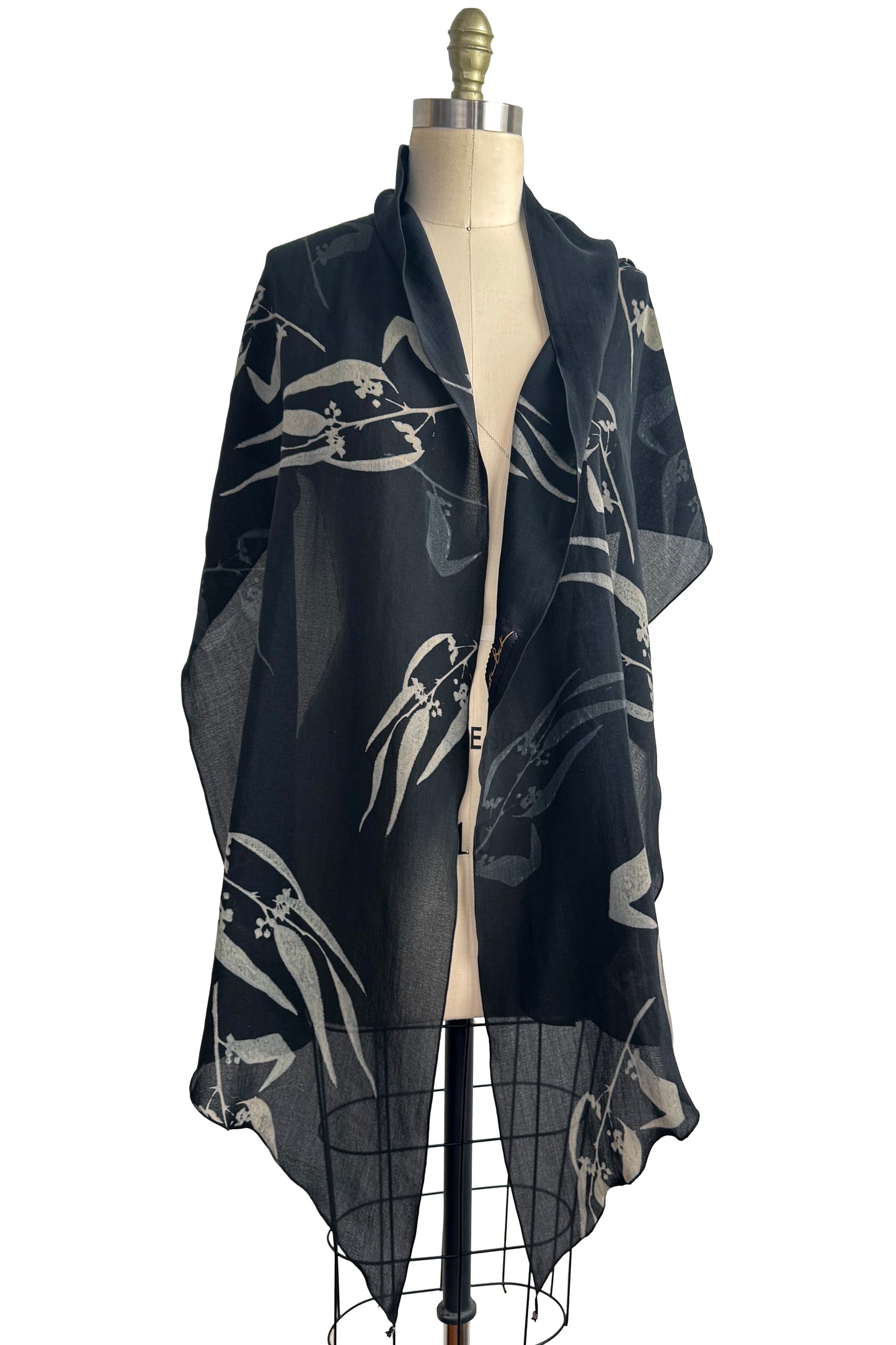 Hand-Printed Italian Wool Shawl - Eucalyptus Print | Black & Natural 1