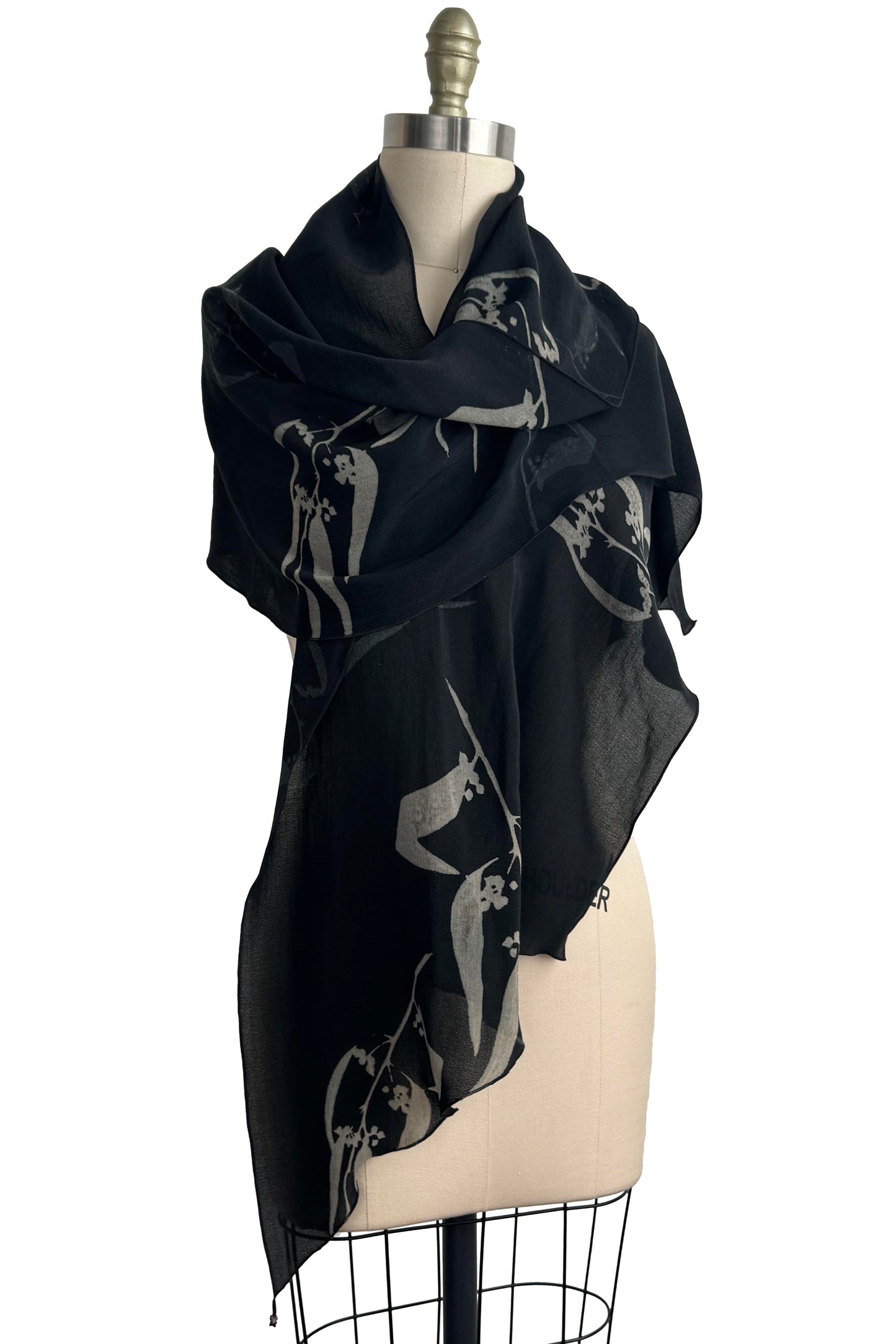 Hand-Printed Italian Wool Shawl - Eucalyptus Print | Black & Natural 1