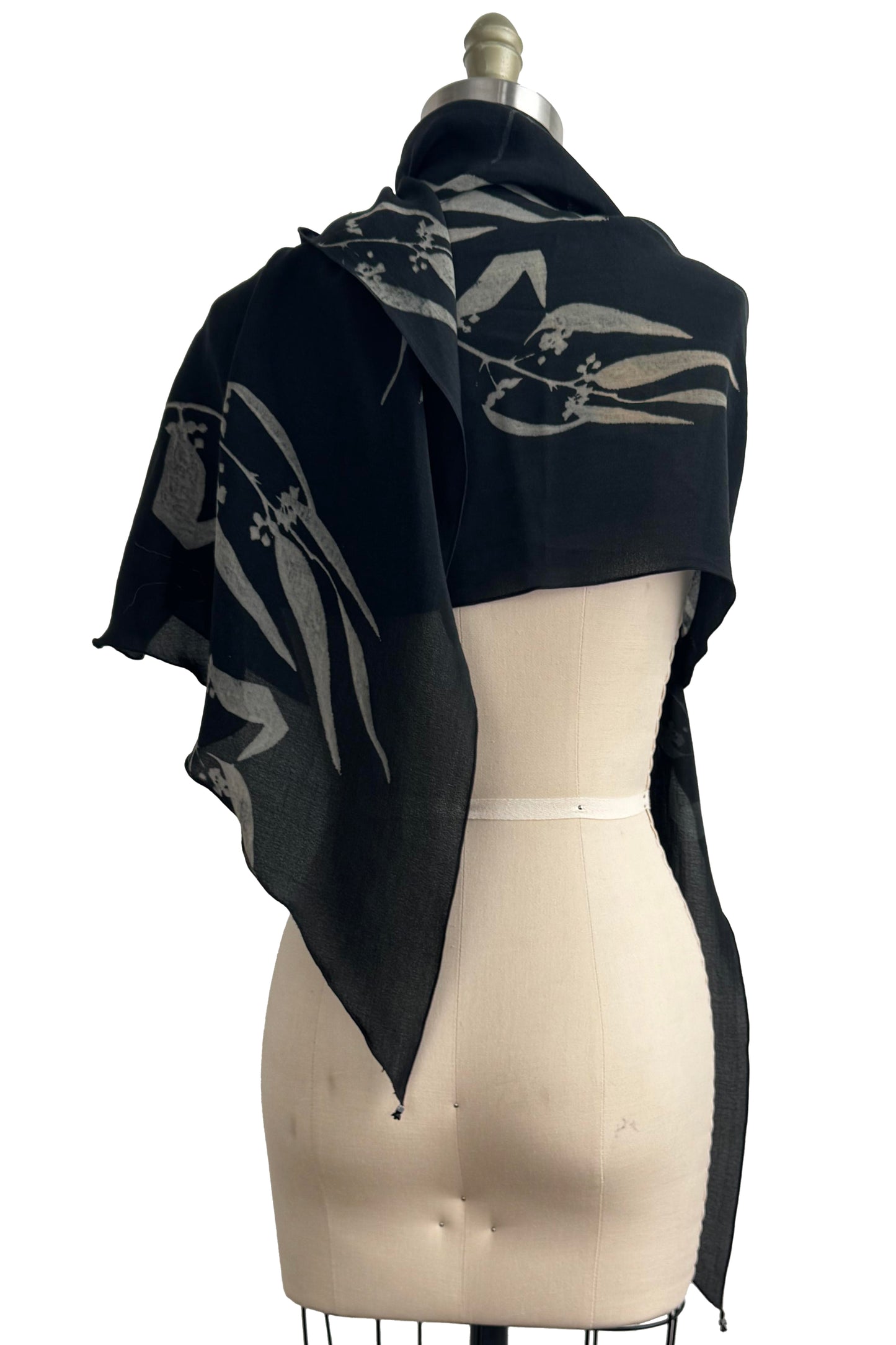 Hand-Printed Italian Wool Shawl - Eucalyptus Print | Black & Natural 1