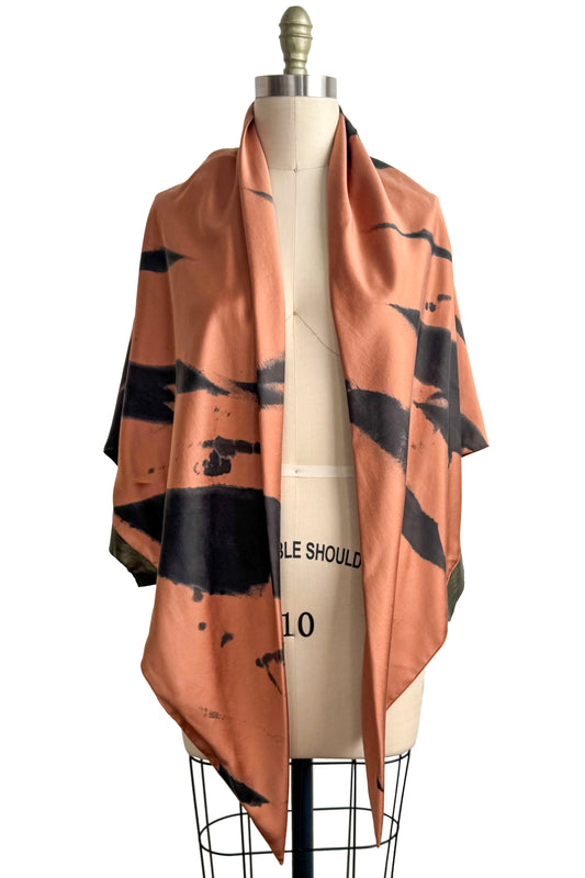 Triangle Shawl in Silk with Leather Trim - Spray Dyed | Orange & Bronze