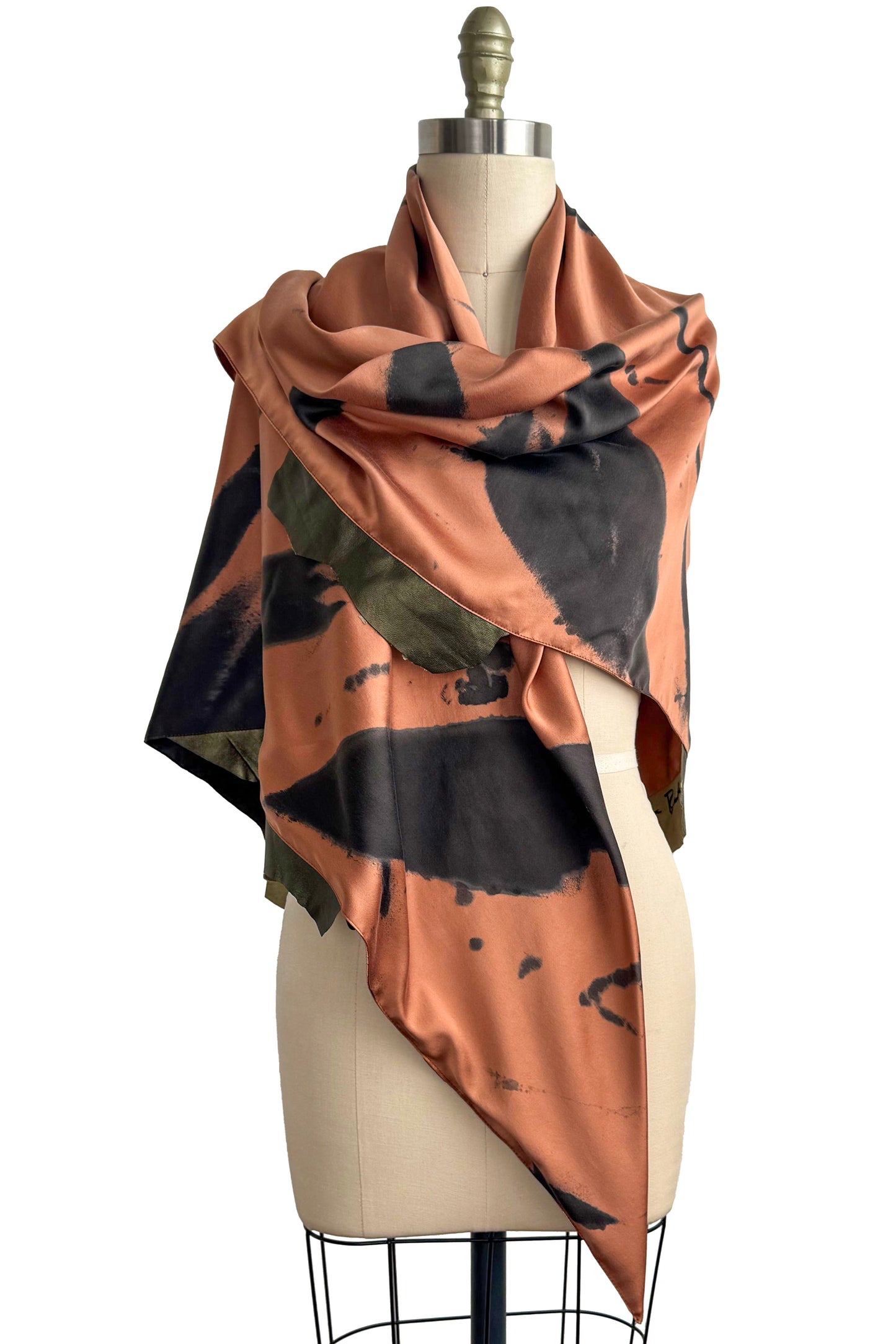 Triangle Shawl in Silk with Leather Trim - Spray Dyed | Orange & Bronze