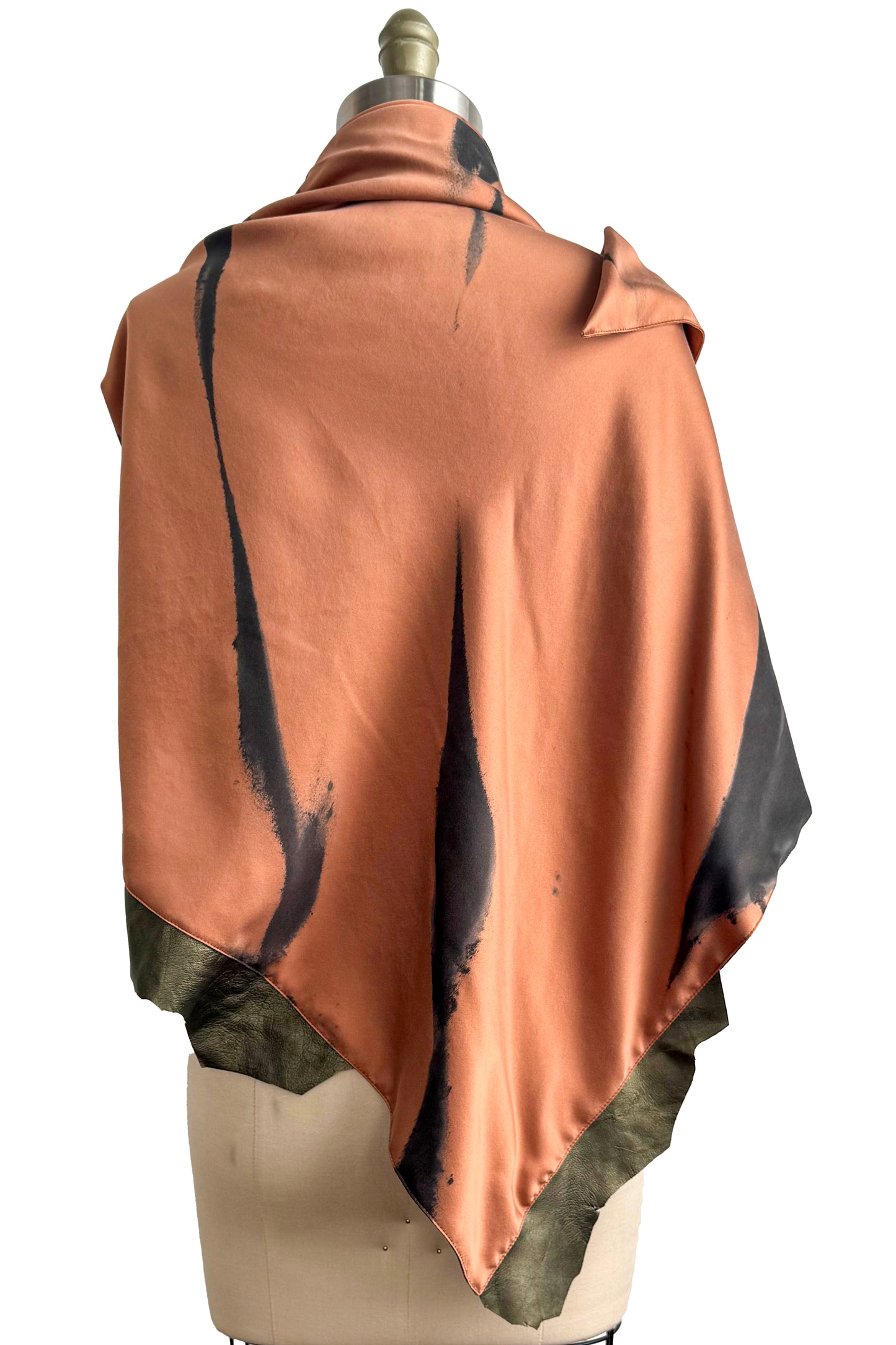 Triangle Shawl in Silk with Leather Trim - Spray Dyed | Orange & Bronze