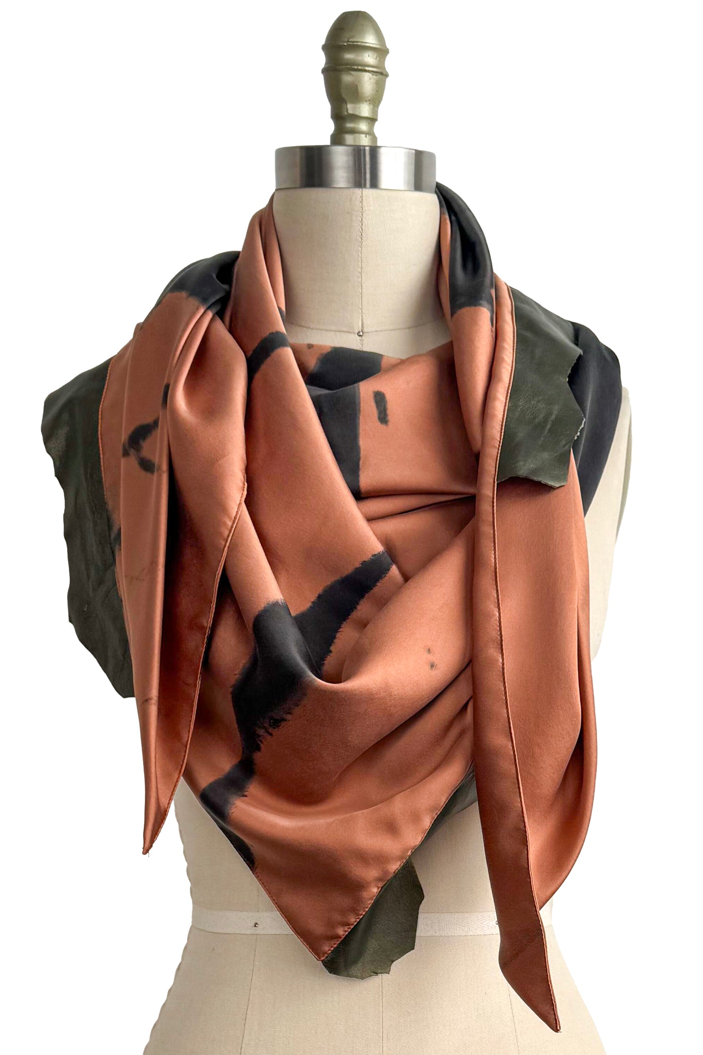 Triangle Shawl in Silk with Leather Trim - Spray Dyed | Orange & Bronze
