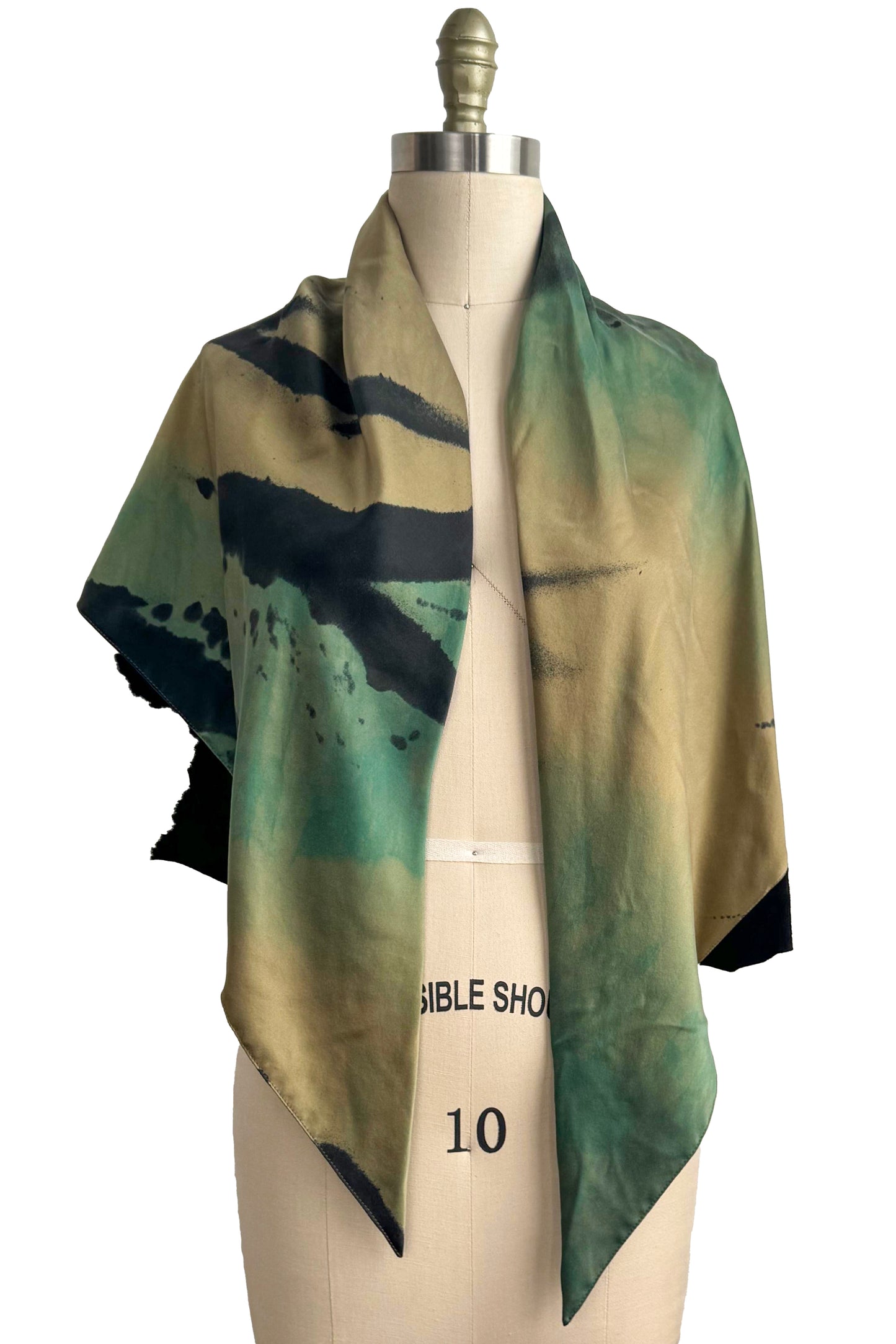 Triangle Shawl in Silk with Leather Trim - Spray Dyed | Green, Chartreuse & Black