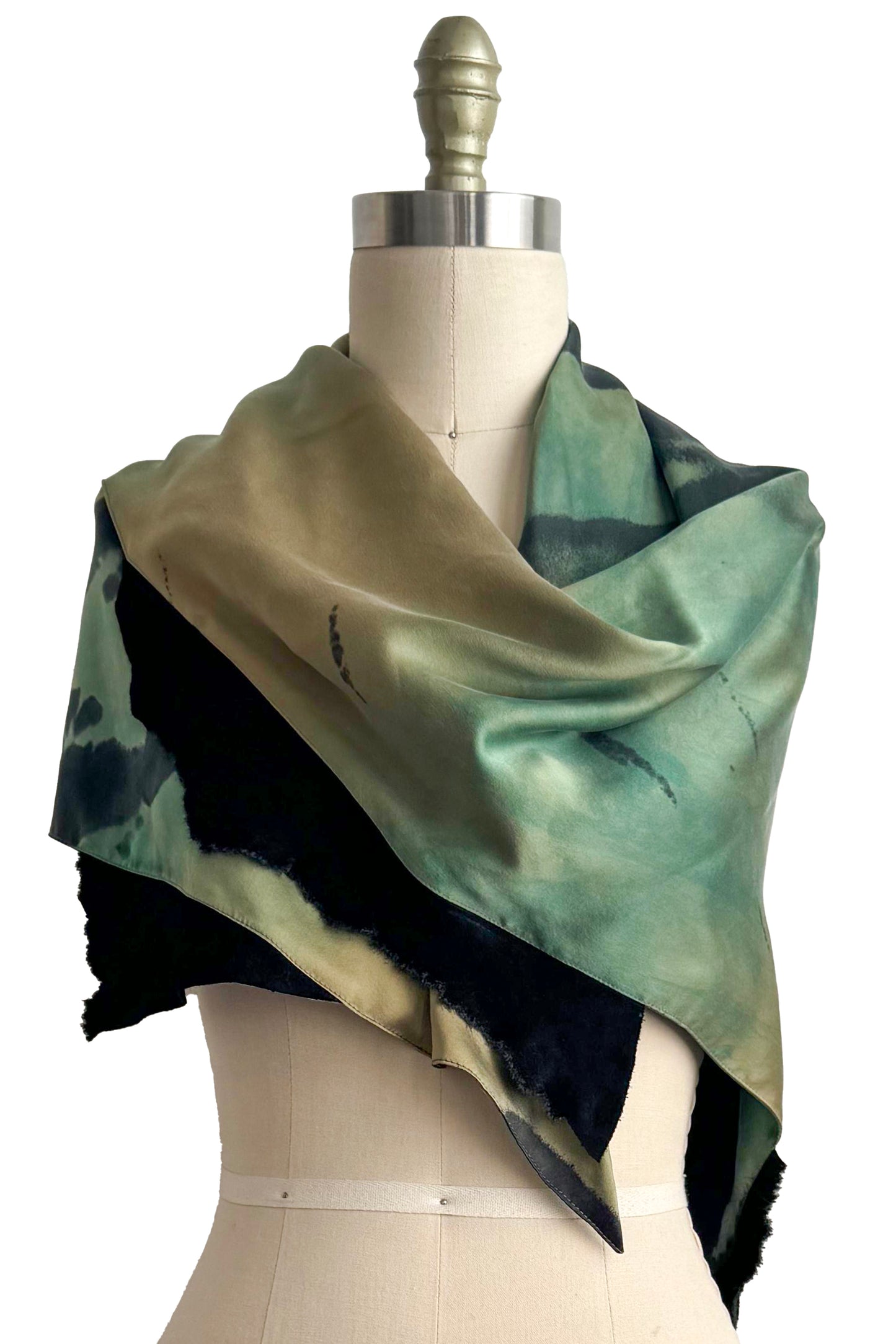 Triangle Shawl in Silk with Leather Trim - Spray Dyed | Green, Chartreuse & Black