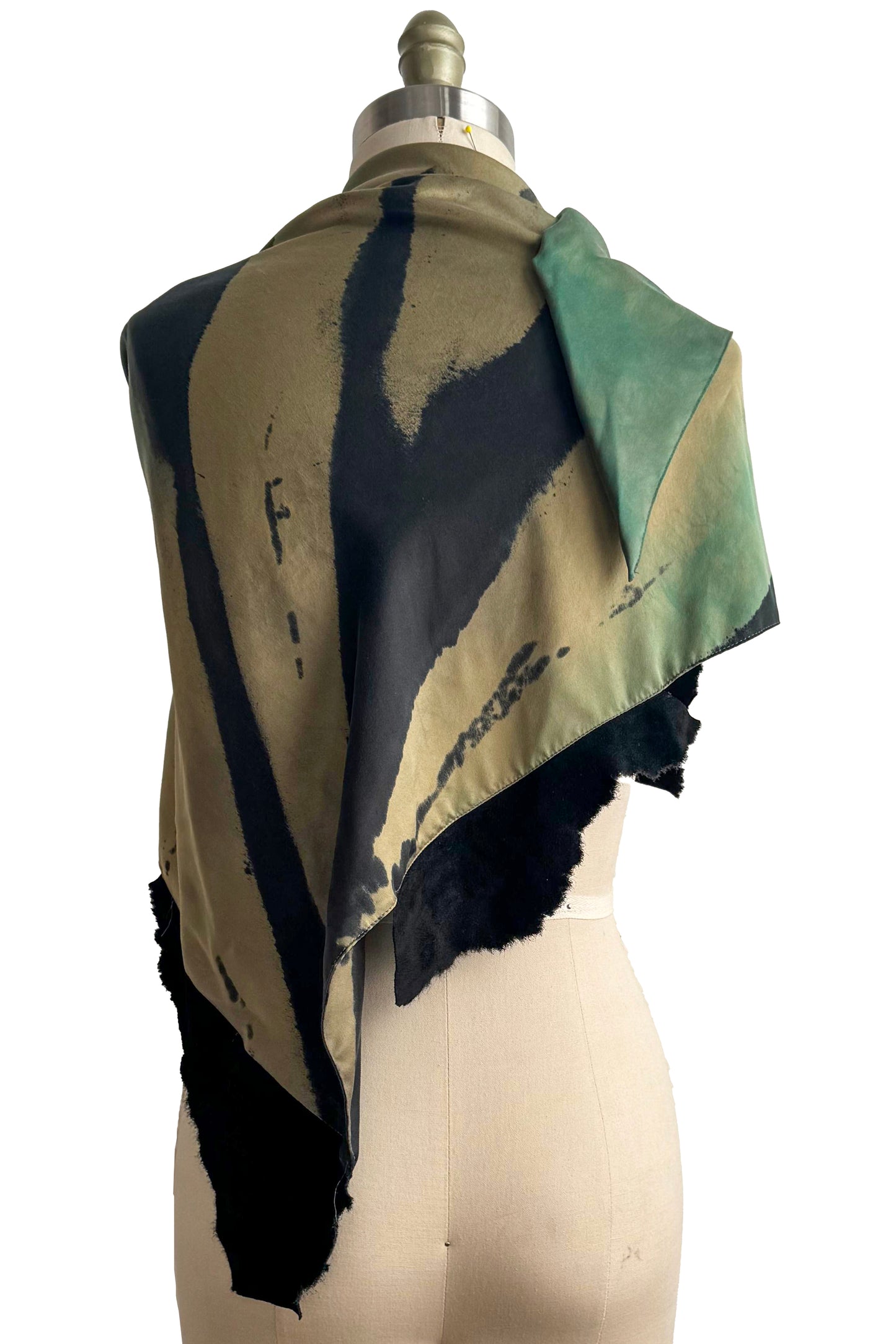 Triangle Shawl in Silk with Leather Trim - Spray Dyed | Green, Chartreuse & Black