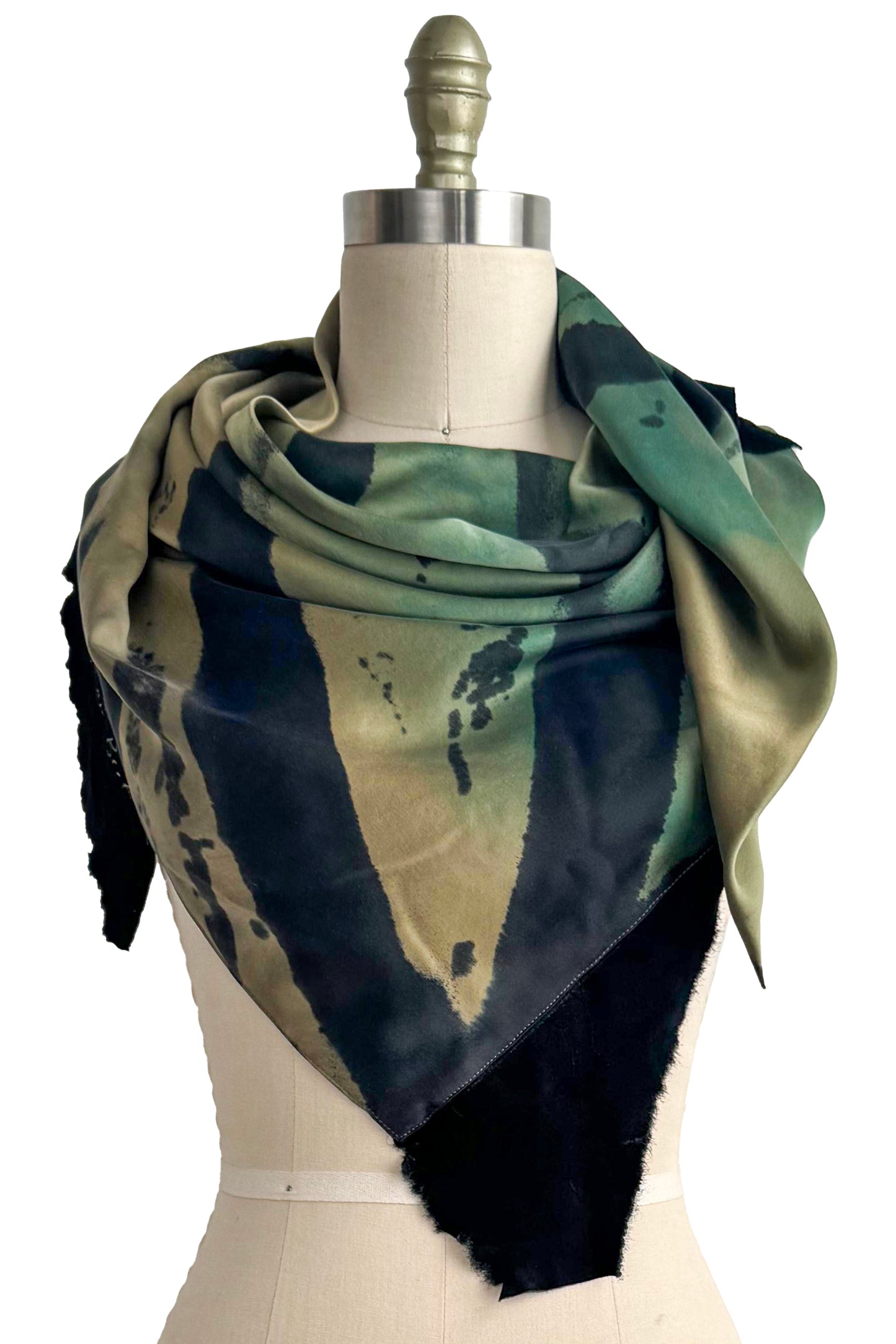 Triangle Shawl in Silk with Leather Trim - Spray Dyed | Green, Chartreuse & Black
