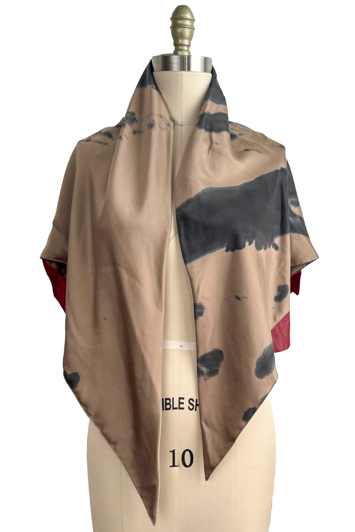 Triangle Shawl in Silk with Leather Trim - Spray Dyed | Gold & Deep Red