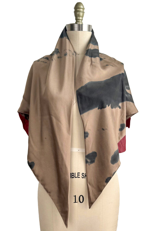 Triangle Shawl in Silk with Leather Trim - Spray Dyed | Gold & Deep Red