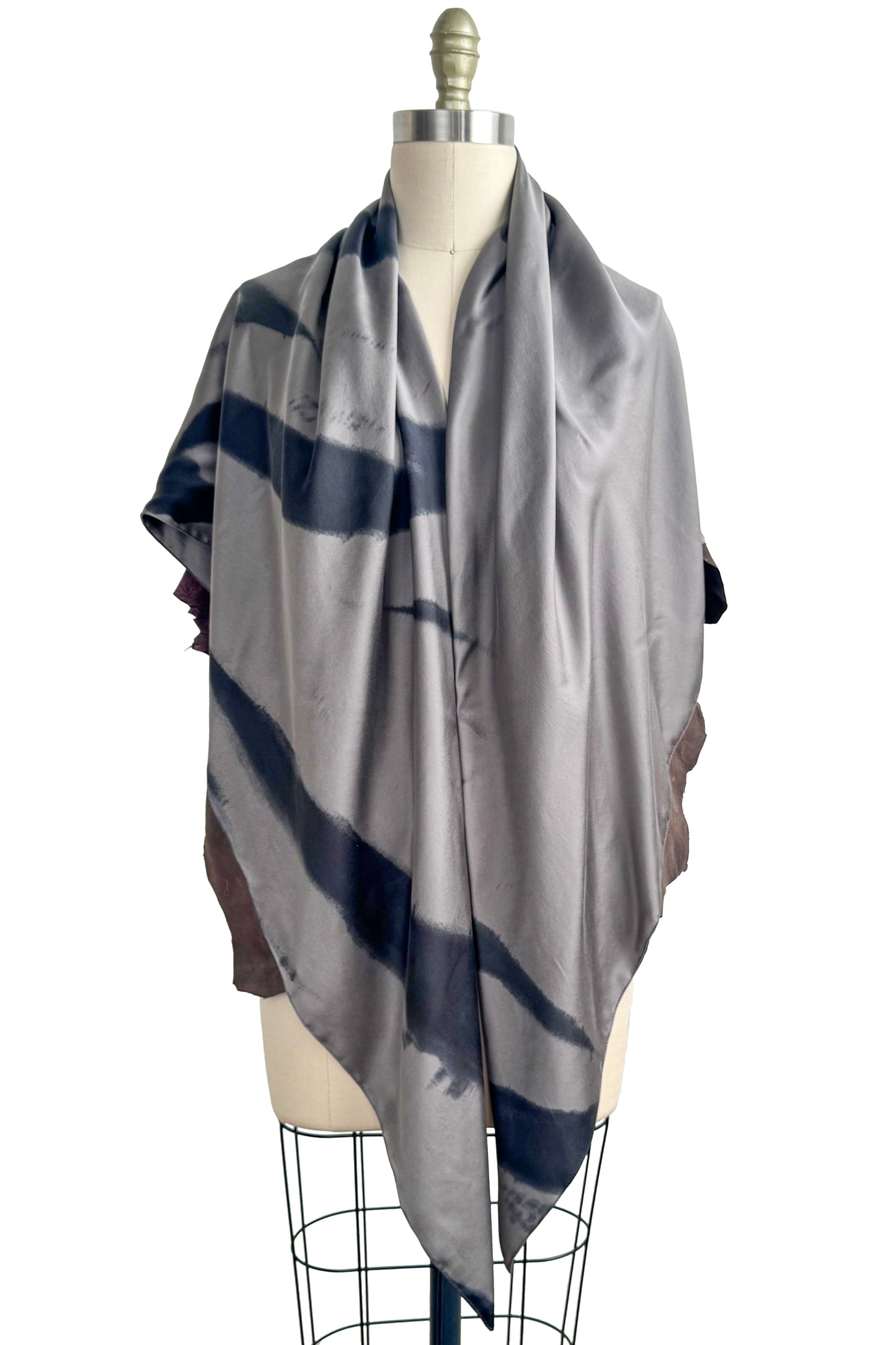 Triangle Shawl in Silk with Leather Trim - Spray Dyed | Silver & Eggplant