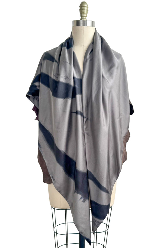 Triangle Shawl in Silk with Leather Trim - Spray Dyed | Silver & Eggplant