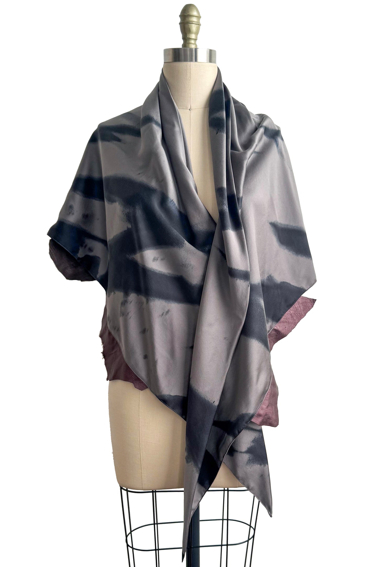 Triangle Shawl in Silk with Leather Trim - Spray Dyed | Silver & Eggplant