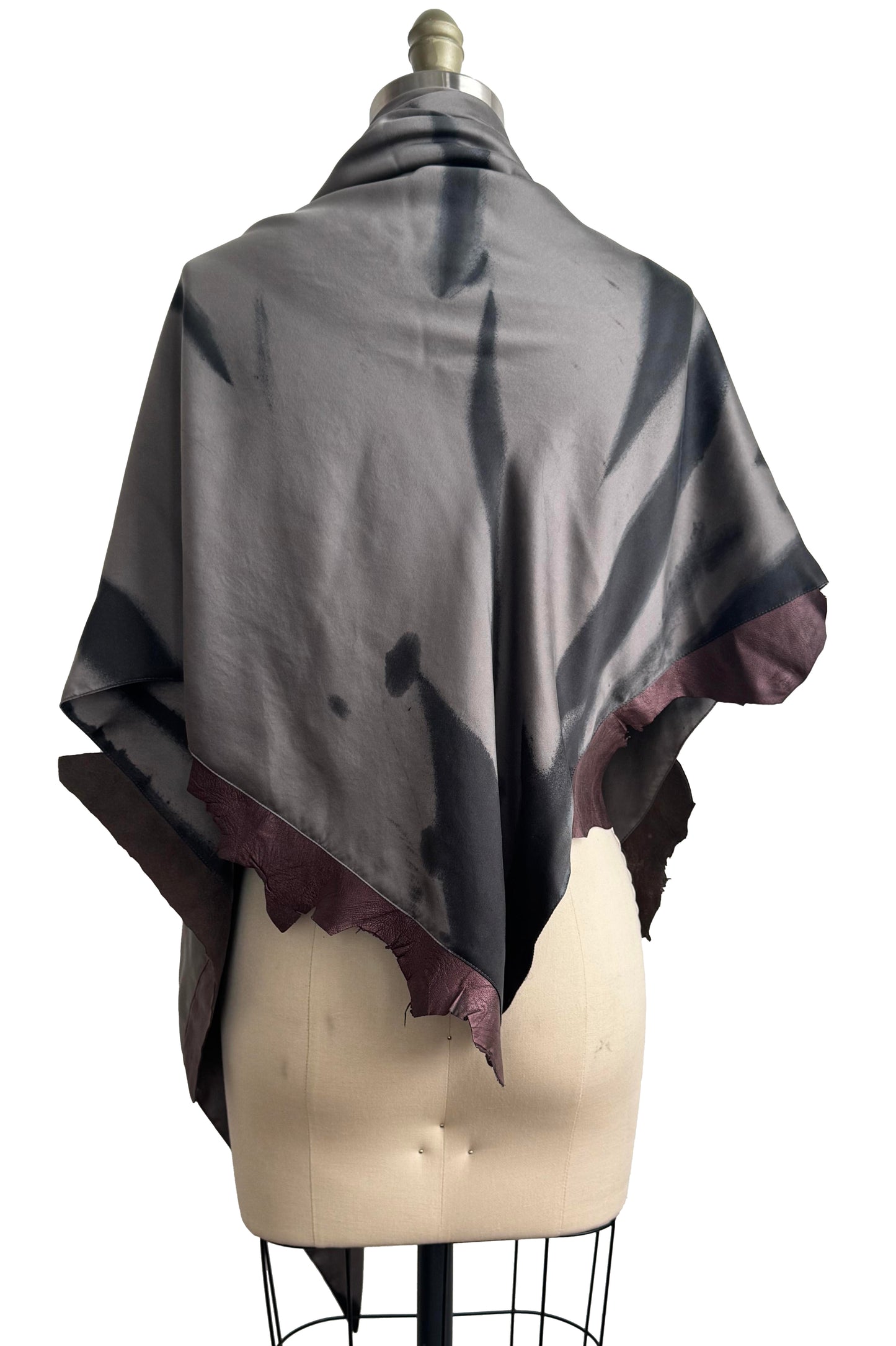 Triangle Shawl in Silk with Leather Trim - Spray Dyed | Silver & Eggplant